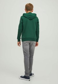 Groene hoodie met een capuchon, voorzien van geribde manchetten en een geribde zoom, gecombineerd met lichtgrijze jeans en marineblauwe sneakers. Achteraanzicht, effen achtergrond.