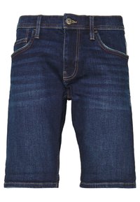 Shorts en denim foncé avec une coupe droite, dotés d'une fermeture à bouton, de cinq poches et de coutures contrastées le long des coutures.