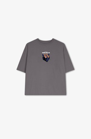 Siva bombažna majica s kratkimi rokavi, ki ima grafični tisk z obrazom divjega mačka, obdanega z ognjem v oranžni in modri barvi, centrirano spredaj.