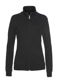 Black zip-up jacket made of soft, stretch fabric. Features a high collar, front pockets, and ribbed cuffs and hem.