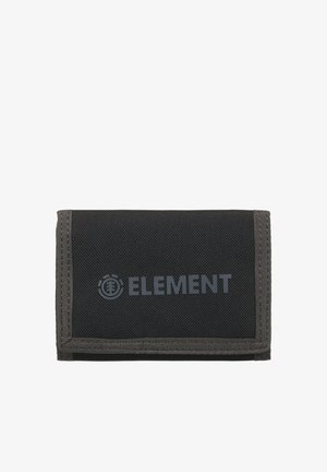 Czarny portfel z tkaniny z przeszytym szarym obramowaniem i logo "ELEMENT" w kolorze szarym. Prostokątny kształt z fakturowaną powierzchnią.