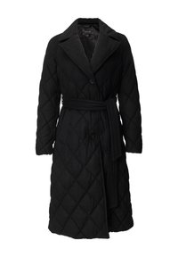 Black quilted long coat with a notched collar, front button closure, belt, and diagonal diamond stitching. Soft texture and fitted shape.