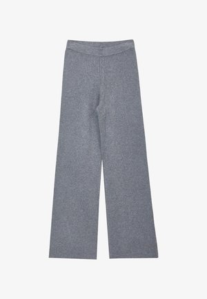 Graue weit geschnittene Hose aus weichem, dehnbarem Material. Verfügt über einen glatten, elastischen Taillenbund und ein schlichtes, minimalistisches Design.
