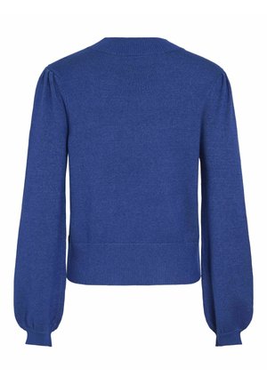 Blue knit sweater with a round neck, long balloon sleeves, and ribbed hem. Made from soft, textured material. No visible patterns or embellishments.
