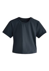 Mörkblå, kortärmad t-shirt med rund hals och slät textur. Tillverkad av lätt material och har en enkel design utan prydnader.