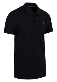 Zwarte polo gemaakt van katoen met een klassiek ontwerp, voorzien van een kraag, een drieknoopsluiting en een klein logo op de borst.