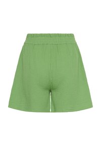 Zelene kratke hlače iz teksturirane tkanine, z elastičnim pasom in ohlapnim krojem, z gladko obdelavo in brez dodatnih podrobnosti.