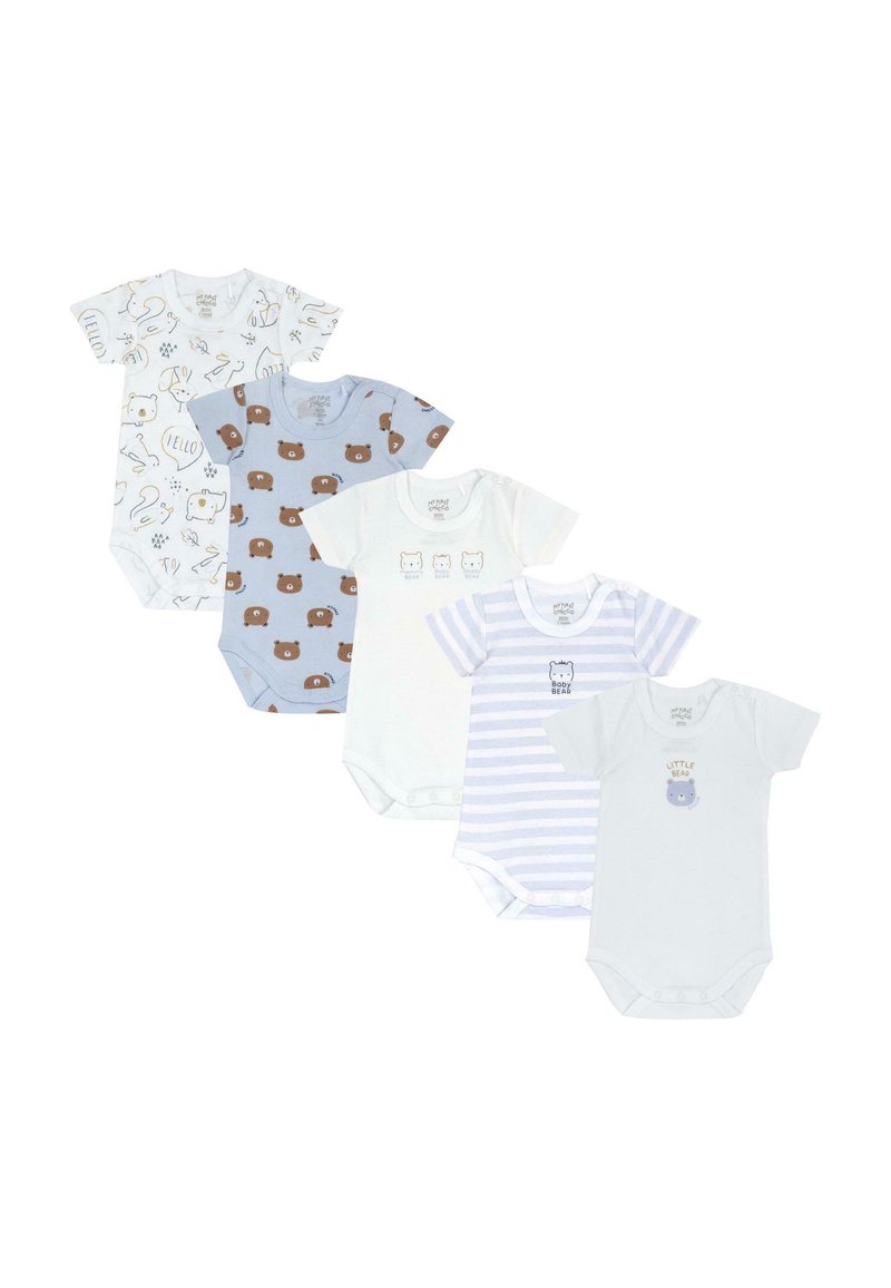 Sada pěti krátkosrstých dětských body. Barvy zahrnují bílou, světle modrou a světle fialovou, s barevnými vzory zvířat a hravými nápisy.