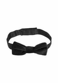 Papillon nero realizzato in tessuto morbido con una texture liscia. Presenta una fascia regolabile coordinata per una vestibilità sicura. Design semplice e classico.