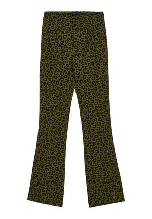 Pantaloni a zampa d'elefante con stampa leopardata in verde oliva e nero, dotati di una cintura elastica, realizzati in tessuto leggero e con una consistenza liscia.