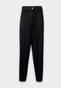 Pantalons noirs en tissu lisse et léger. Dotés d'une taille élastique, de poches latérales et de jambes effilées pour un ajustement décontracté.