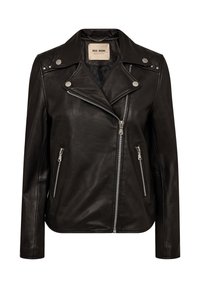 Juodas odinis motociklininko jakas su asimetrine užtrauktuku, sidabro spalvos mygtukais, užtrauktukais kišenėmis ir nuleista peties apdaila.