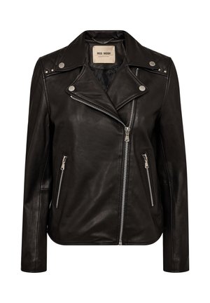 Mustast nahast mootorratturi jope asümmeetrilise tõmblukuga, hõbedased nööbid, tõmblukuga taskud ja vooderdatud õlgedetailid.