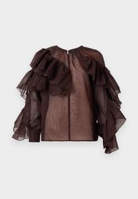 Donkere doorzichtige blouse met volumineuze gelaagde ruches op de mouwen en de bovenkant van de borst, geplooide halslijn en knoopsluiting op de rug.