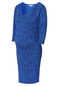 Μπλε μητρική φορεσιά με μαύρο κάθετο αφηρημένο μοτίβο, στυλ περιτυλίγματος μπροστά, και μανίκια τριών τετάρτων.