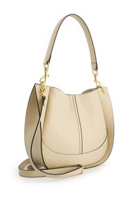 Beige leather bucket-style handbag with black piping, detachable strap, and gold hardware accents. Features a structured yet soft shape.