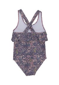 Marint enfärgad baddräkt med blommönster i rosa och grönt, med volangdetaljer och korsade axelband bak. Mjuk tyg.