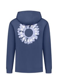 Navigblauwe hoodie met een grote lichtpaarse bloemenafbeelding en de tekst "AMSTERDAM" op de achterkant. Zacht materiaal, geribbelde manchetten.