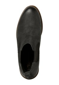 Svart läder ankle boot med elastiska sidopaneler, en slät yta, rund tå och brun gummisula med subtila sömmar.