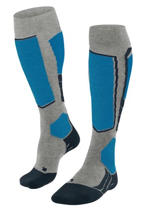 Kniehoge sokken in grijs met blauwe en donkergrijze accenten. Bevat versterkte tenen en hielen, textuursecties en een glad gebreid ontwerp.
