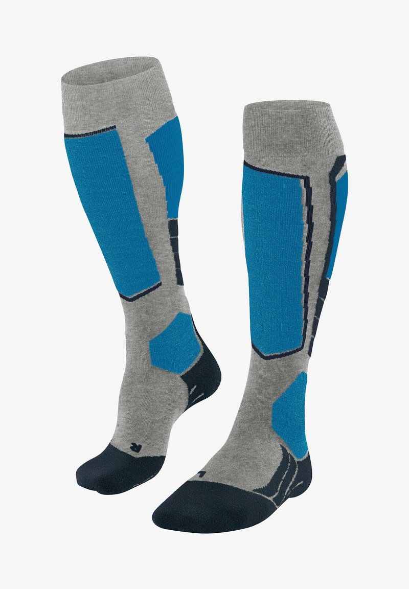 Kniehoge sokken in grijs met blauwe en donkergrijze accenten. Bevat versterkte tenen en hielen, textuursecties en een glad gebreid ontwerp.