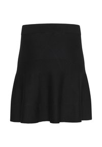 Falda de punto negra con forma acampanada, que presenta una amplia cinturilla elástica y una textura suave. Sin patrones visibles ni detalles de herrajes.