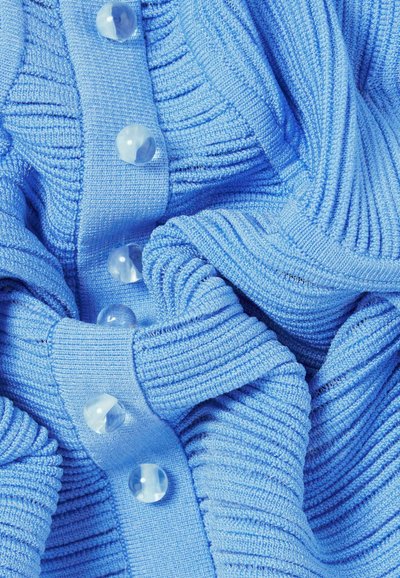 Tessuto a maglia testurizzato di colore azzurro con un evidente motivo a coste. Presenta bottoni in plastica trasparente lungo il bordo, disposti verticalmente.