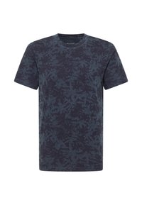 Navy t-shirt z wyblakłym wzorem liści, wykonany z miękkiego materiału, z okrągłym dekoltem i krótkimi rękawami. Klasyczny fason z prostym dołem.