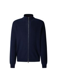 Granatowy dzianinowy sweter z kołnierzem typu stójka i pełnym zamkiem błyskawicznym. Długie rękawy z dopasowanymi mankietami.