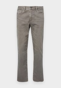 Šedé džíny z denimu se rovnými nohavicemi, pěti kapsami a klasickým zapínáním na knoflíky. Měkká struktura s jemným blednutím.
