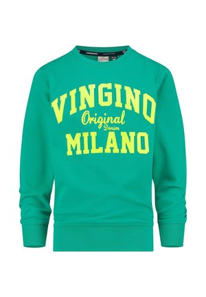 Zielona bluza z długim rękawem, ściągaczami przy rękawach i u dołu, z wyróżniającym się żółtym napisem "VINGINO Original Denim MILANO" na przodzie.