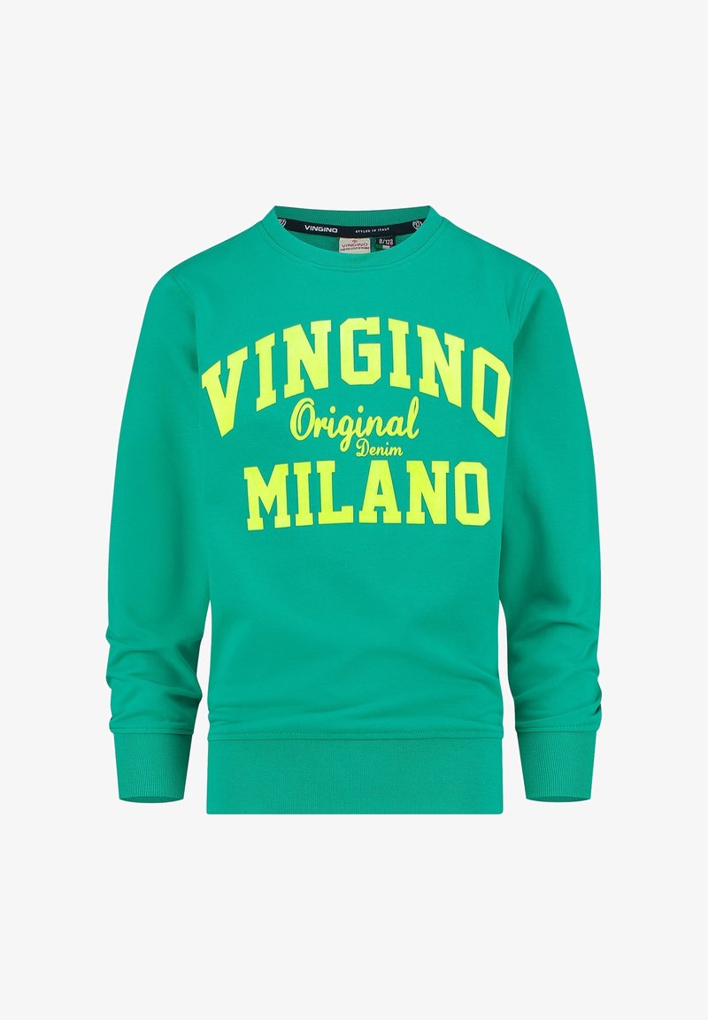 Sweat-shirt vert à manches longues, avec des bords-côtes aux poignets et à l'ourlet, affichant un texte jaune audacieux "VINGINO Original Denim MILANO" sur le devant.