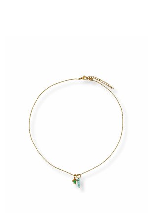 Delicate gold chain necklace with two small turquoise charms, one shaped like a turtle and the other a vertical bead cluster.