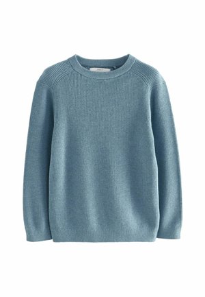 Jasnoniebieski sweter z prążkowanego dzianiny z okrągłym dekoltem, długimi rękawami oraz dopasowanym dołem i mankietami.