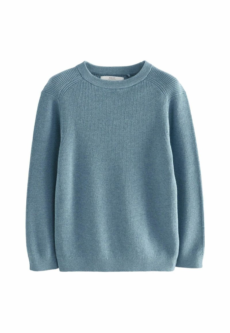 Pull à col ras du cou en maille côtelée bleu clair, manches longues et ourlet et poignets ajustés.