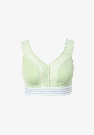 Hellgrüner BH mit Spitzenbesatz, V-Ausschnitt, Frontverschluss und einem Band mit weißen und lavendelfarbenen Streifen. Glattes Material mit einer weichen Textur.