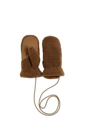 Brune vanter lavet af blødt fleece med en tekstureret overflade, en gusset tommel og et tilsluttet snor for nem bæring.