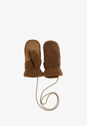 Mittens marroni realizzati in morbido felpato con un'esterno testurizzato, un pollice a soffietto e un cordino collegato per un facile trasporto.