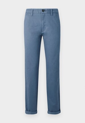 Blue casual pants with button closure, belt loops, side pockets, and cuffs at the ankles against a white background.