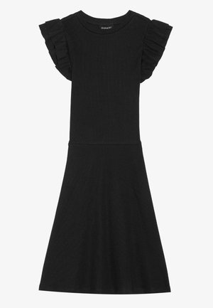 Black ribbed dress with short ruffled sleeves and a fitted bodice, flaring from the waist to knee length, featuring a round neckline.