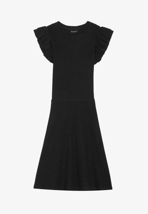 Black ribbed dress with short ruffled sleeves and a fitted bodice, flaring from the waist to knee length, featuring a round neckline.