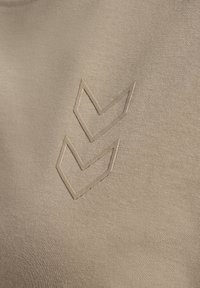 Twee verhoogde, naar beneden wijzende chevronvormen op een gladde, beige stoffen achtergrond.