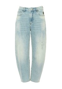 Jean en denim bleu clair usé avec une taille haute, des jambes droites et un ourlet effiloché. Comprend cinq poches et des détails de décoloration subtils.
