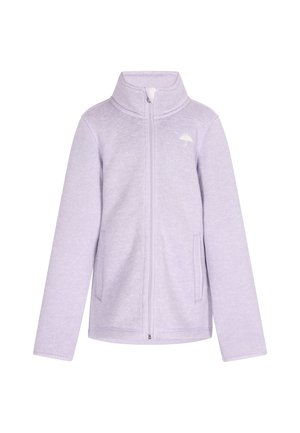 Hellviolette Fleecejacke mit Reißverschluss, hohem Kragen, langen Ärmeln, Seitentaschen und kleinem weißen Schirm-Logo auf der Brust.