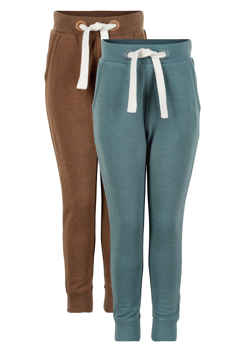 Twee paren jogger-stijl broeken, één bruin en één teal, gemaakt van zachte stof. Beide hebben elastische taillebanden en trekkoordsluitingen.