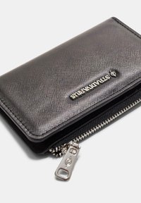 Black synthetic wallet with textured surface, silver hardware, and a zipper closure. The brand name is embossed on the front.