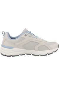 Světle šedá sportovní bota z prodyšné a semišové látky, s modrými akcenty, plochými tkaničkami, měkkou podešví a texturovanou gumovou podrážkou.