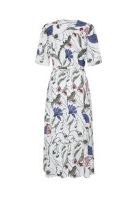 Robe midi blanche à manches courtes ornée de motifs floraux et feuillages bleus, rouges et verts, réalisée dans un tissu fluide.