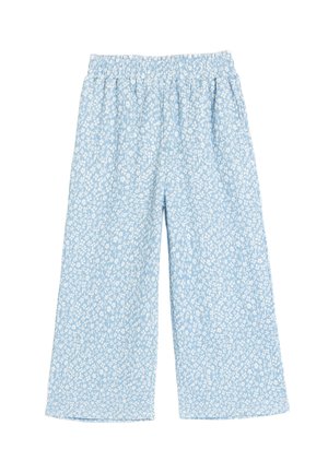 Pantalones de pierna ancha en azul claro, con un estampado floral, cinturilla elástica y un tejido suave y ligeramente texturizado. Aptos para uso casual.