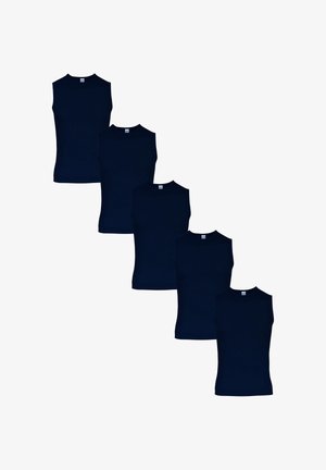 Five identical navy blue sleeveless shirts arranged diagonally on a white background.